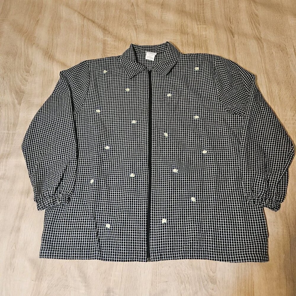 Bon Worth Size M Womens Black & White Check Full Zip Jacket Embroidered Flowers